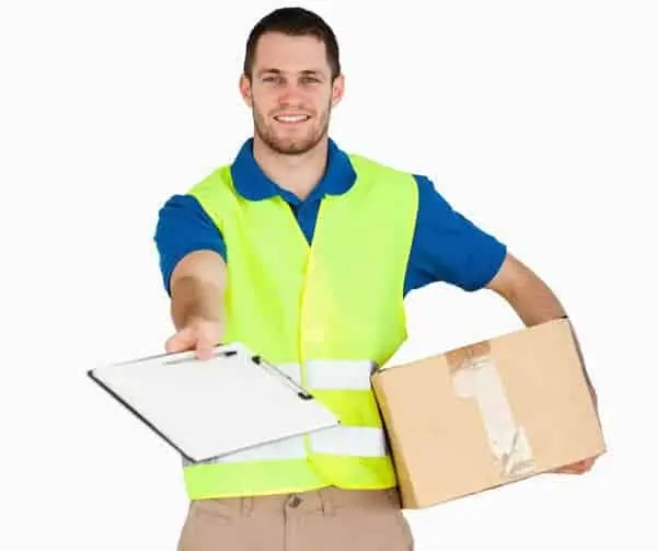 Delivery man with a box and a clipboard requesting a signature